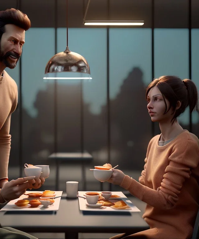 man and woman sitting in cafeteria and having breakfast levitating, soft color, highly detailed, unreal engine 5, ray tracing, RTX, lumen lighting, ultra detail, volumetric lighting, 3d, finely drawn, high definition, high resolution.