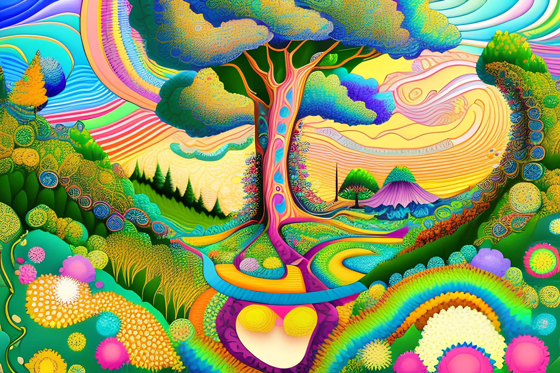 Psychedelic hassidic style artwork of a Path to heaven with a tree in the center, with bright and blue colors in a childish style