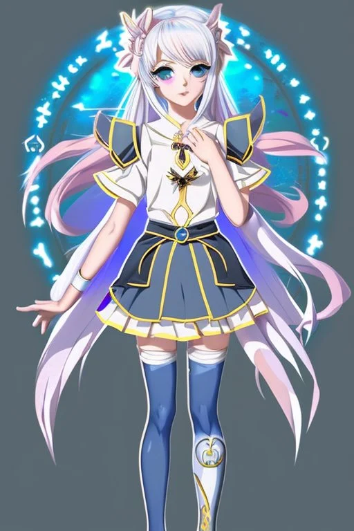 The girl should be a young and energetic anime character, with light-colored hair (such as blonde or silver) styled in a playful way. She should have bright and expressive eyes, maybe with a hint of mischief or curiosity. Her outfit can be inspired by the colors and symbols of the Gemini zodiac sign, with a mix of blue, yellow, and white, and some dualistic motifs such as two butterflies, birds, or stars.