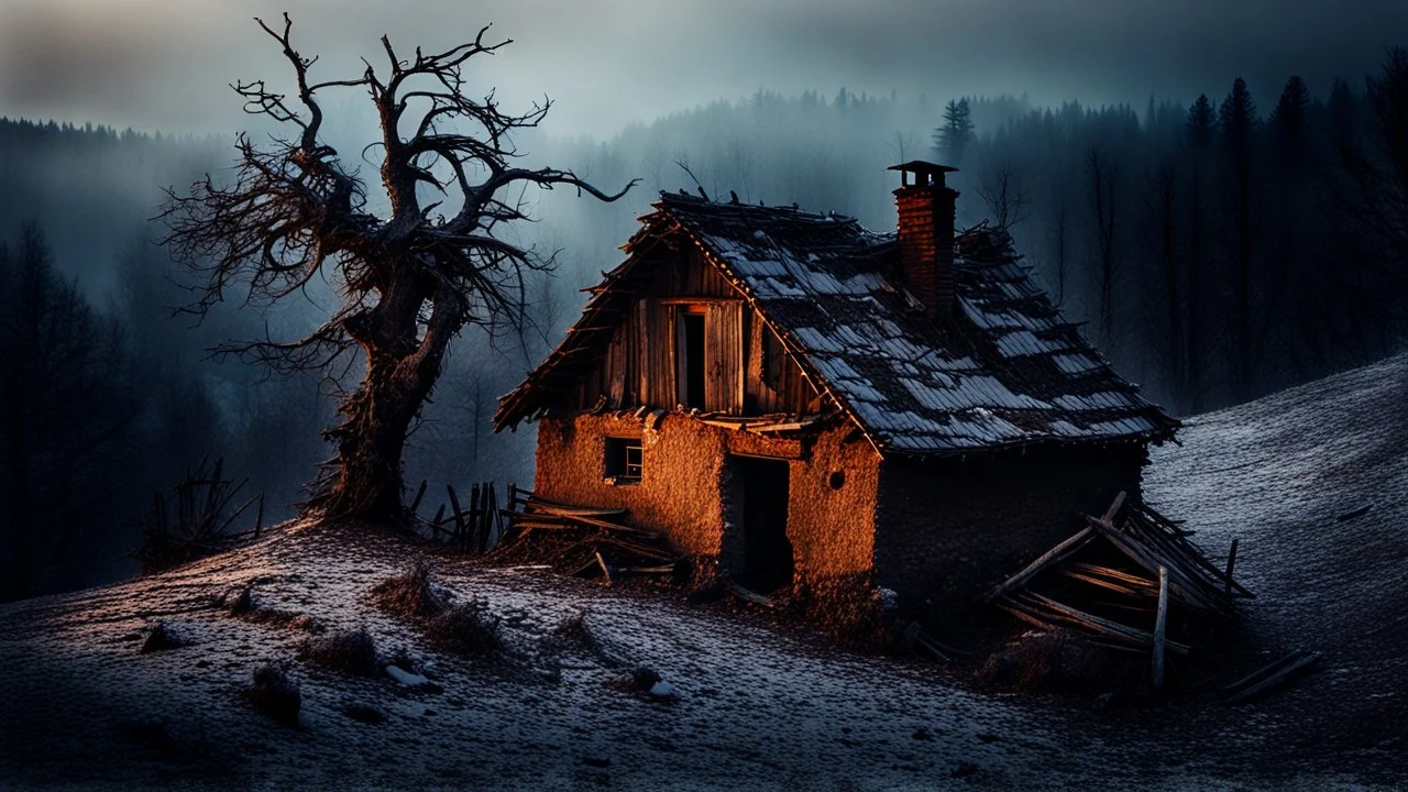 a lonely old adobe hut with worn adobe brown-gray wall and a small window, a crumbling roof, an old chimney stands on a hill, next to it is a small woodshed by the wall, and an old withered tree leans over the hut on thr old tree sitting a black crow, the hut stands on the edge of a European forest, winter, snowy landscape, low light, dawn, high detailed, sharp focus, high realistic, perfect photo