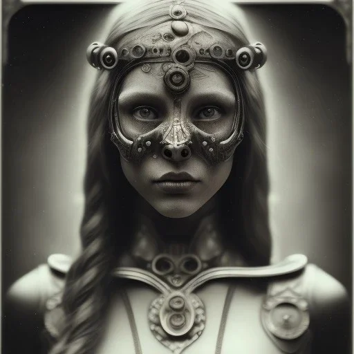 A viking girl with a mask, hr giger, scary, steam punk, realistic, made in octane, cinematic, ultra-realistic, extremely detailed octane rendering, 8K, VRAY Super Real ar 2:3, dof photorealistic futuristic 50mm lens hard lighting dark gray tintype photograph, realistic lighting, sepia color