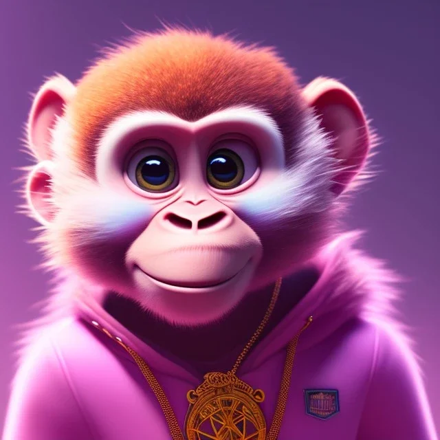 pixar style anamorphic cute monkey baby, smiling, gangsta gold neckless, full body, magenta puffer jacket, manila city backdrop, dramatic lighting, hyper-realistic, unreal engine 5, 16k. full detailed, wearing cap