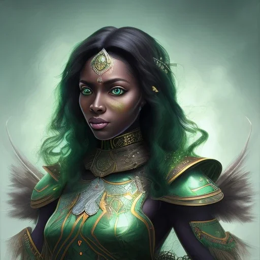 fantasy setting, dark-skinned woman, indian, green and black wavy hair, magician