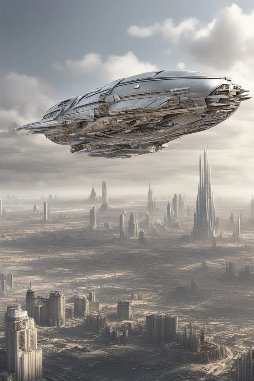 a photorealistic sleek silver spaceship flying over a futuristic ruined city