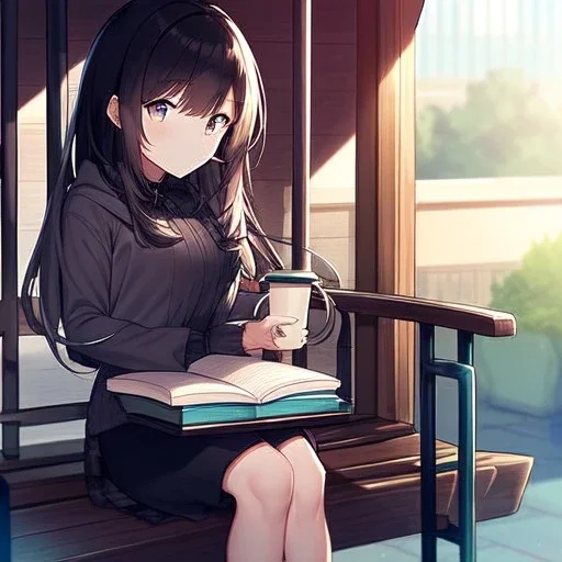 anime girl sitting on a porch swing, drinking a cup of coffee, writing in a book