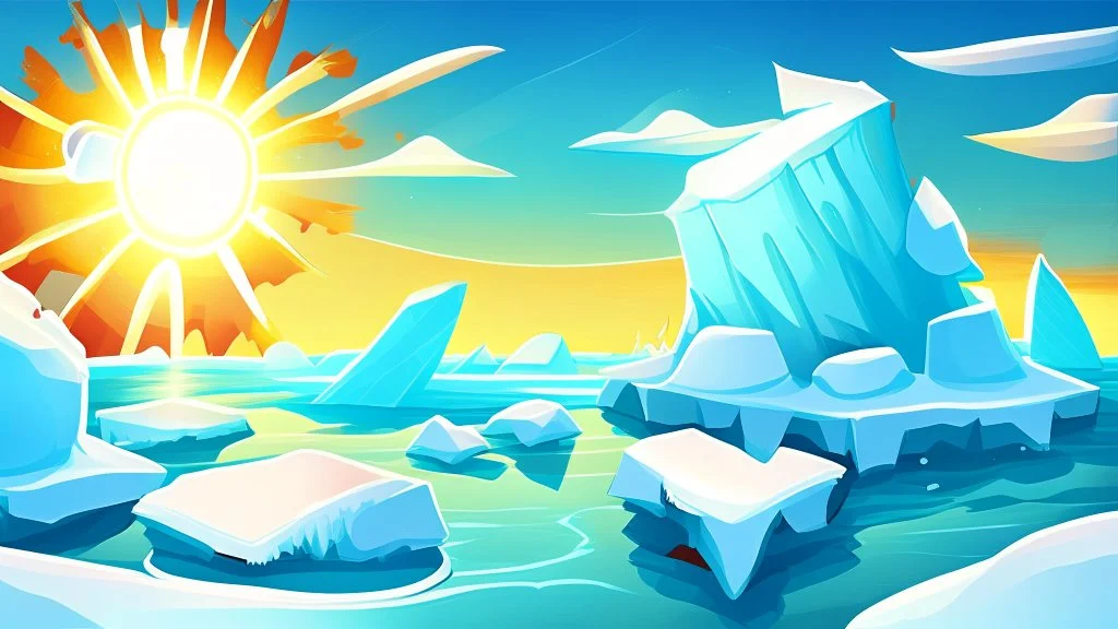 cartoon illustration: nature with icebergs and frozen sea, sun in the sky