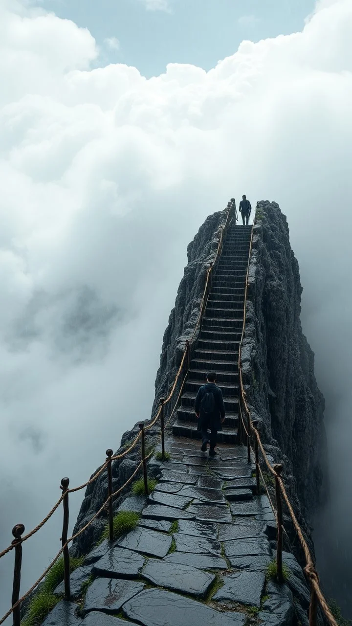 narrow stone path above the ground gradually getting higher into the clouds no railings, dangerous drop people in black leathers medievil period weather is wet spiraling into the clouds fantastic