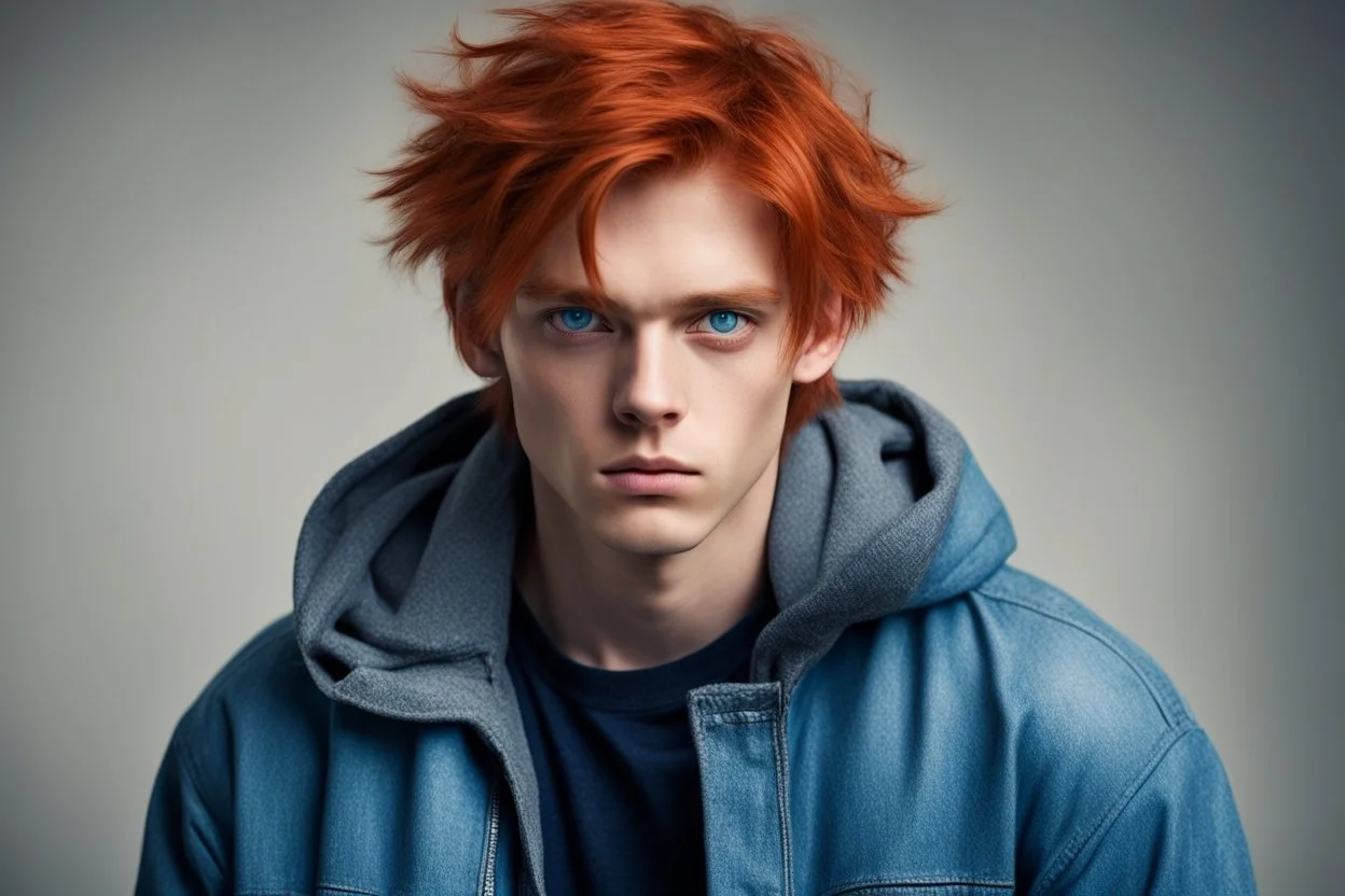 Подросток. Рыжие волосы. Голубые глаза, но с холодным блеском, когда он злится. Носит мешковатые куртки и рваные джинсы.