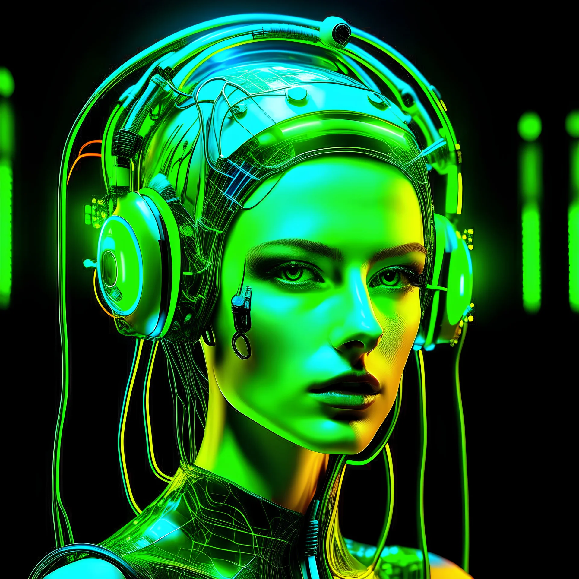 Organic Alice, cyborg Ai Queen with neuralink headgear, on an inter dimensional catwalk, perfect human face, clear acrylic plastic film, full body shot, catwalk fashion show, iridescent, surreal, Salvador Dali meets pixels, Brav0 is the name, dj style, neon green, music conncted headphones