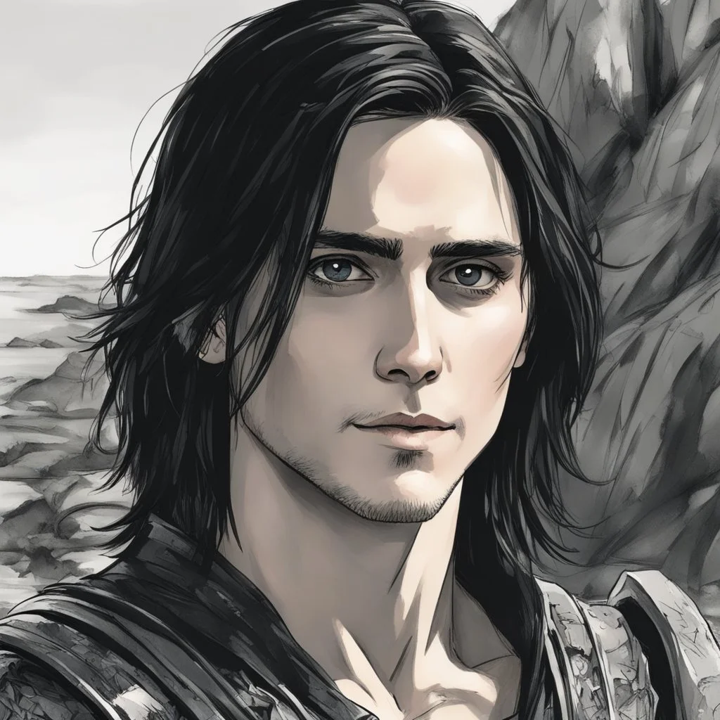 A portrait of Jared Leto in his early 30s, long beachy haircut, black hair, on a rocky island, in ebony armor from Skyrim, melancholic and dangerous facial expression, half-smiling, drawn in the style of ink manga sketch