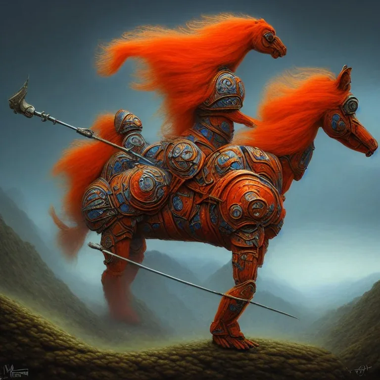 angry horse in orange and blue battle armor, a highly detailed illustration, background of Inka jungle, realistic render, 8 k, micro detail, intricate, elegant, centered, digital painting, Artstation, smooth, sharp focus, illustration, artgerm, tomasz alen kopera, peter mohrbacher, donato giancola, joseph christian leyendecker, wlop, boris vallejo