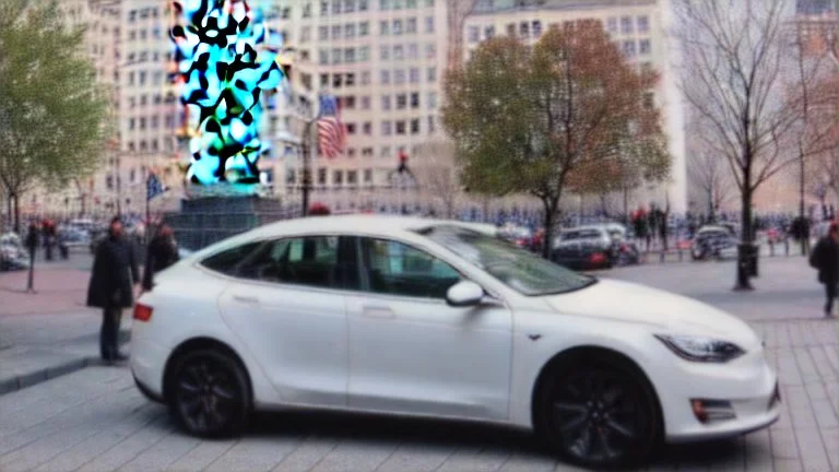 A Tesla's 'Model S Plaid' is parked, under the Statue of Liberty, in New York city. CINEMATIC. WIDE ANGLE LENS.