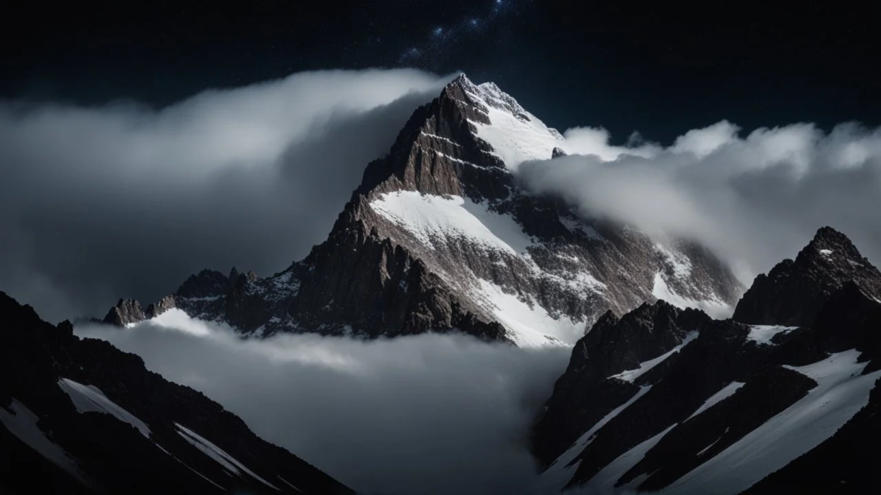 Aerial view of a sharp, rocky mountain peak with snow patches, piercing through a dense, swirling layer of white clouds, dark night sky with visible Milky Way, high contrast, cinematic lighting, photorealistic, 8k resolution, sharp focus