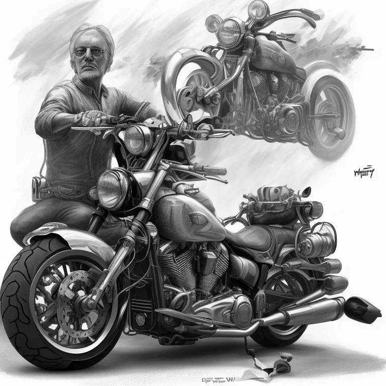 technical concept study, pencil sketch, harley davidson, A man sitting on a motorcycle