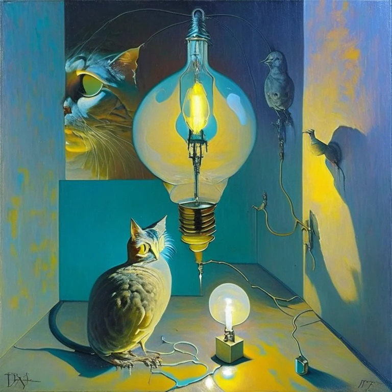 Abstract painting formed by a mix of human flesh-like surgical instruments and universe-like neuralink, a cat looking at a pigeon inside a huge bulb between light and shadow at dusk,surrealism,minimalism,Painting By Adrian Ghenie, Rene Magritte, Salvador Dali, Lucian Freud