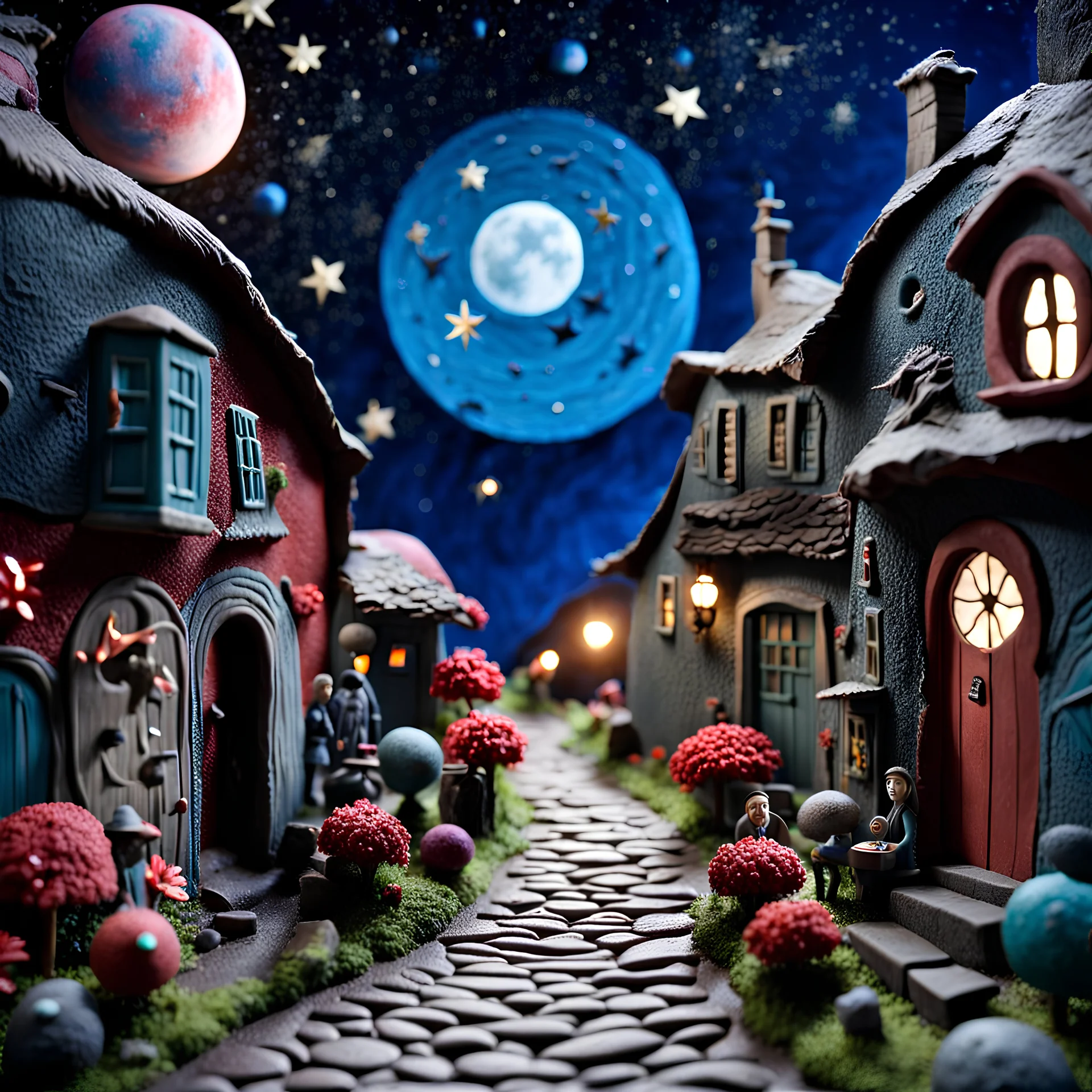 Detailed people, creepy street made of modeling clay, naïve, khsh77, village, stars and planets, splimapys, sun, splops, volumetric light flowers, naïve, Tim Burton, strong texture, xuuf7v, orero dream, extreme detail, 2.8, Max Ernst, decal, rich moody colors, sparkles, Harry Potter, bokeh, odd