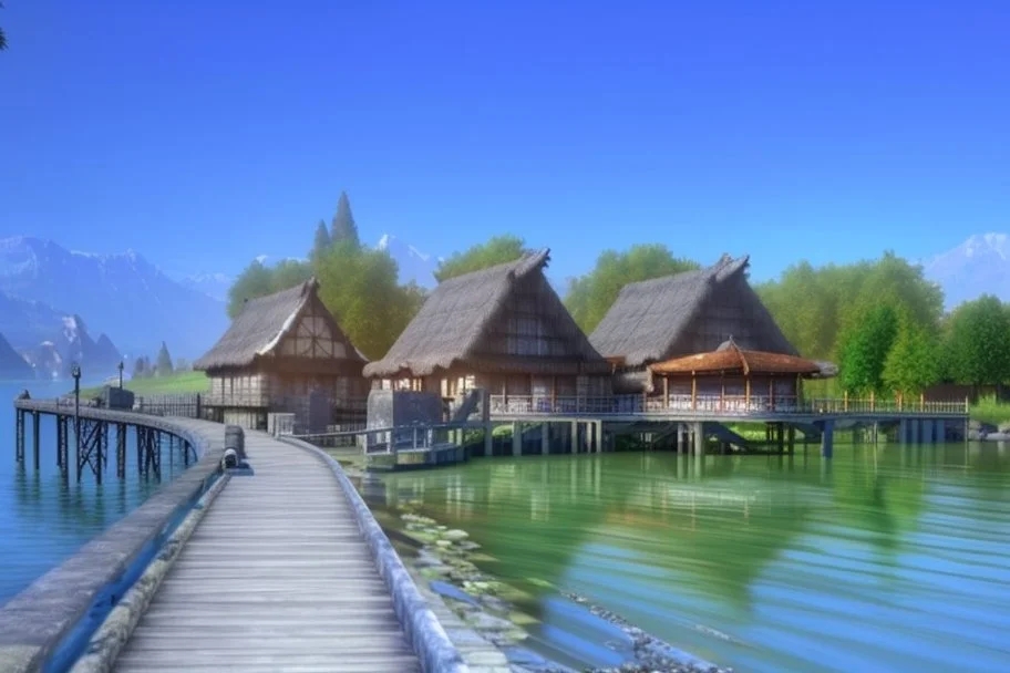 lake city during the iron age realistic, photorealistic, natural lighting, elegant HDR complex picture Octane hyper realistic cinematic reflections very detailed