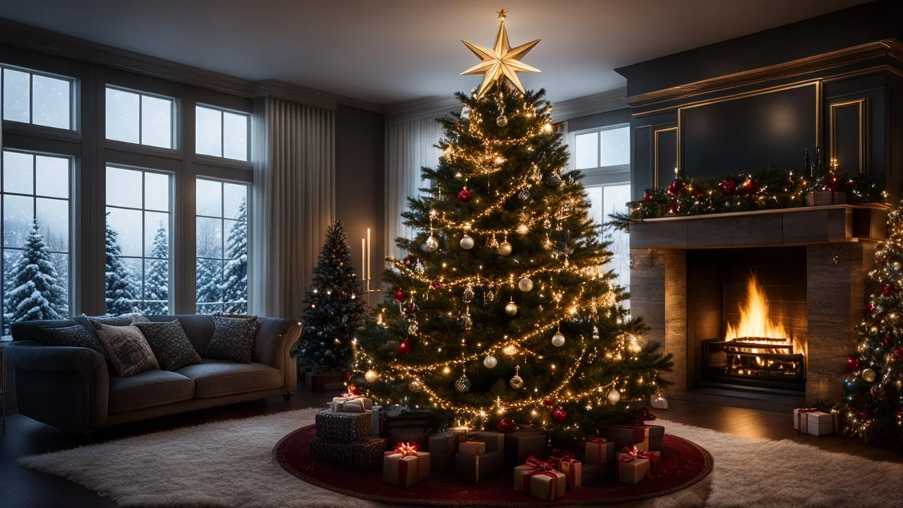 darkness,photoreal A majestic Christmas tree in the living room , adorned with twinkling lights, in the living room,next to the fireplace,christmas decoration,lights off,cozy,calm,high-quality photograph,otherworldly creature, in the style of fantasy movies, photorealistic, shot on Hasselblad h6d-400c, zeiss prime lens, bokeh like f/0.8, tilt-shift lens 8k, high detail, smooth render, unreal engine 5, cinema 4d, HDR, dust effect, vivid colors,night