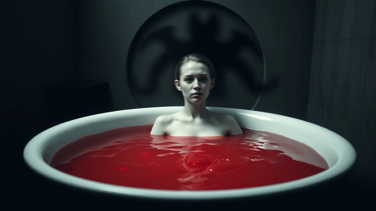 monochrome photo of very blur face pale woman sitting in bath tube around her red water, in bath, blur fog, background one black demonic shadow, dark gray old wall, darkness around, sad, surreal dark vibe, dark colors, in wall circle dark deep abyss,splash art, cinematic, depressive vibe
