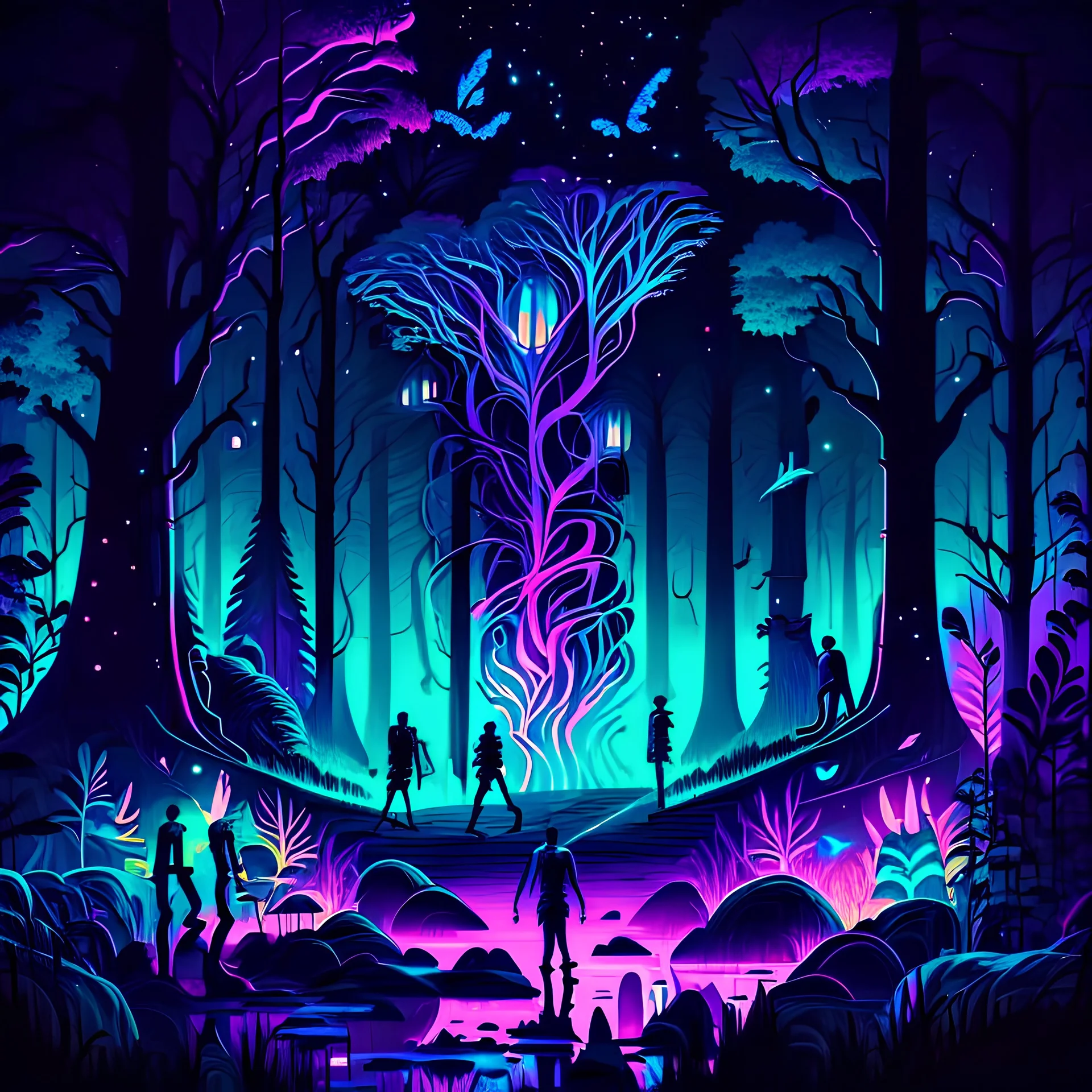 illustrations with a professional art style that show people learn quantum levitation, use colorful and dark midnight forest theme as a background, make it amazing