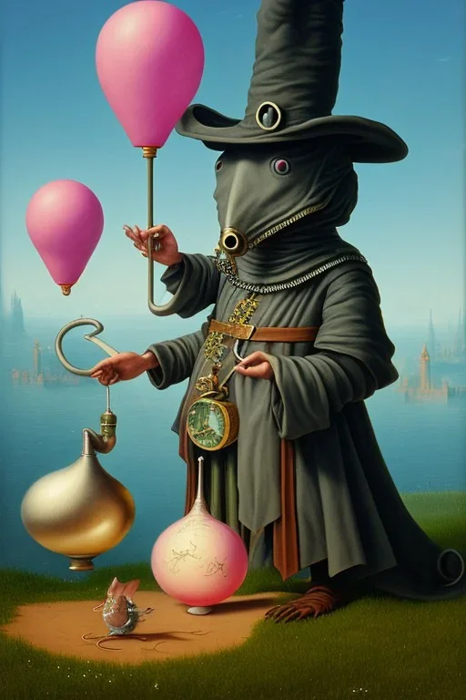 The Plague Doctor and a Mouse happily lost down the river attracted by mutual appreciation of their artistic desires in Balloon world, art by Magritte