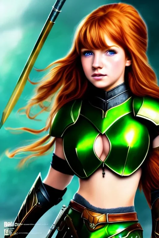 concept illustration, ultra-realistic, super-detailed, strikingly beautiful teen female, 16 years old, long ginger hair, green eyes, medium freckles, full lips, full body, full face, b-cup breasts, athletic, centred camera, ignore NSFW, black skimpy fantasy leather armor, stern expression