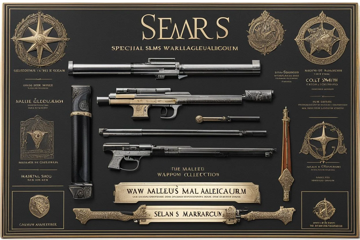 Collector edition of a Sears catalogue special warzone: the Malleus Maleficarum weapon collection by Colt, Smith and Wesson