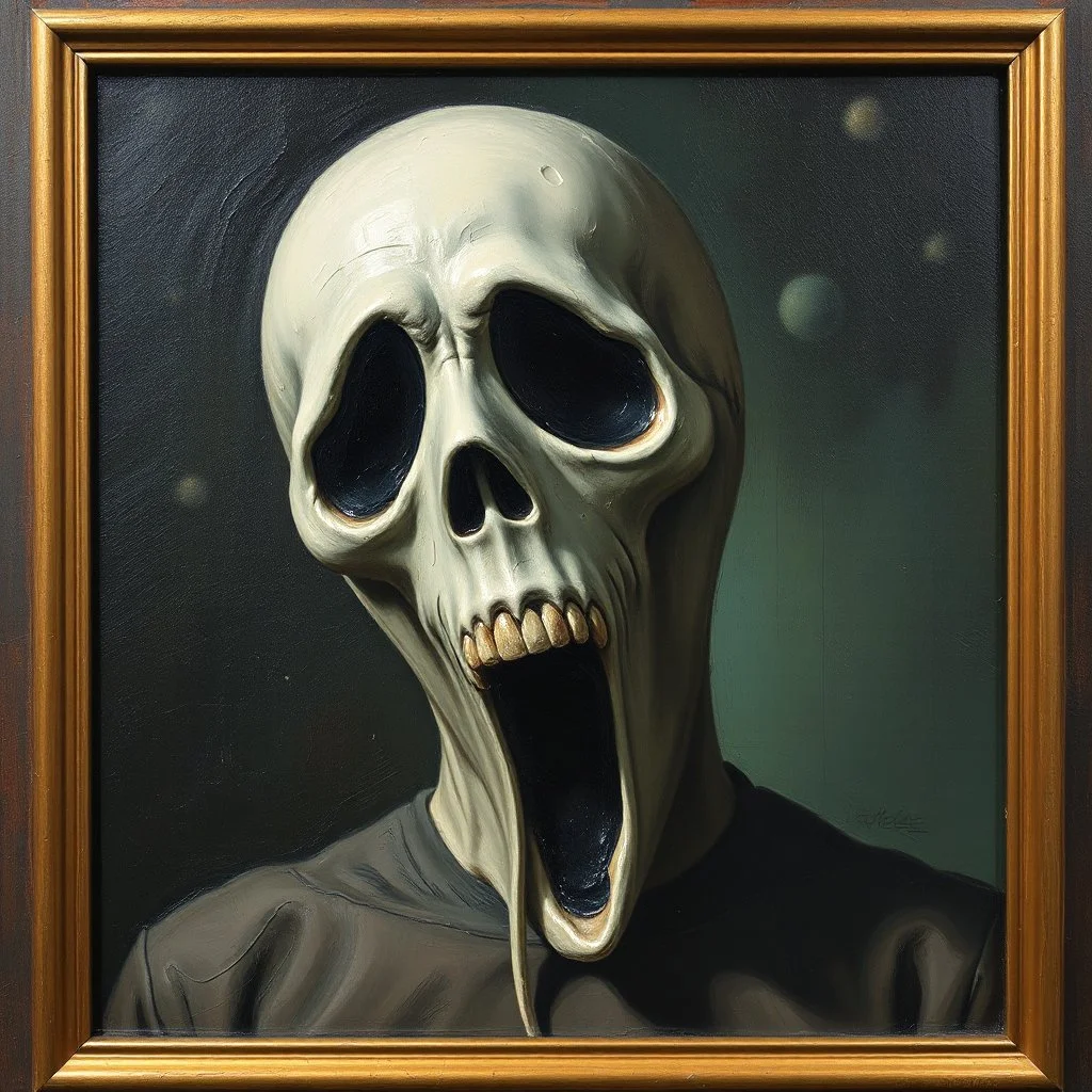 The persistence of Memory painting but with melting ghostface mask, satire, surreal,