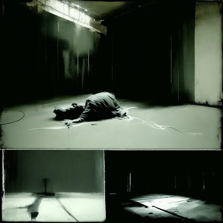 Minimal abstract oil paintings of a desolate 1960s carpark. Illuminated by a spotlights. On the floor are concrete fragments and road markings . In the dark mysterious style of Justin Mortimer and Francis Bacon.