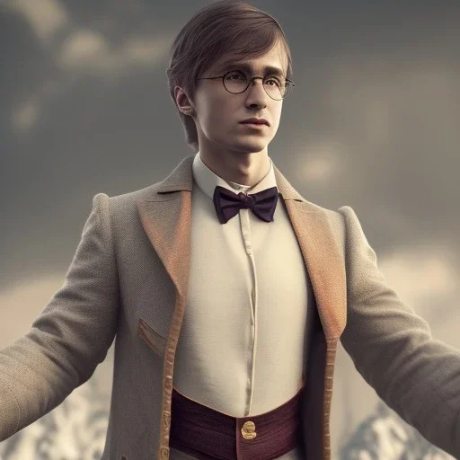 Full body, 3d render, Harry Potter 1800's men style, 1800's hair style, 1800's men clothes style, hyper realistic, octane render, unreal engine 5, 8k, palace background, uhd