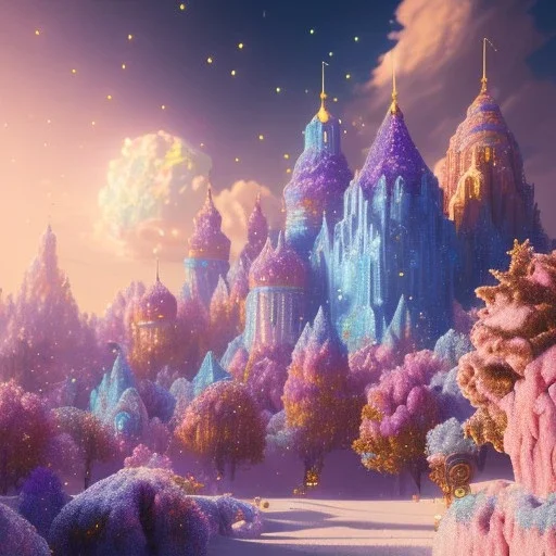 blue gold and violet landscape with multicolored crystals falling from the sky, full of details, smooth, bright sunshine，soft light atmosphere, light effect，vaporwave colorful, concept art, smooth, extremely sharp detail, finely tuned detail, ultra high definition, 8 k, unreal engine 5, ultra sharp focus