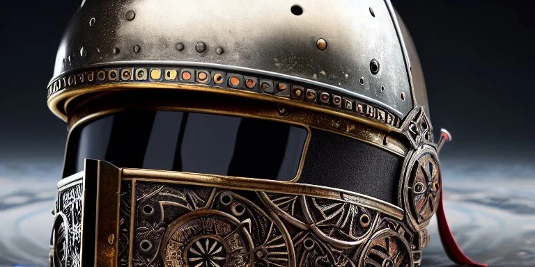 apocalypse, chaotic, magnificent, realistic, colorful, massive, epic, ray tracing, cinematic, 8k, HD, Ultra High Definition, photo film, film grain, hyper-detailed, old ornate rusty Hyper detailed Medieval Knight helmet on ground with visor