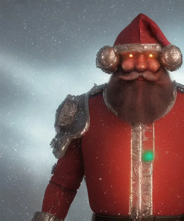 wide angle shot of the santa claus, red and green armor with emissive energy flowing in the chest, mystical geometric patterned textures, intricate, highly detailed