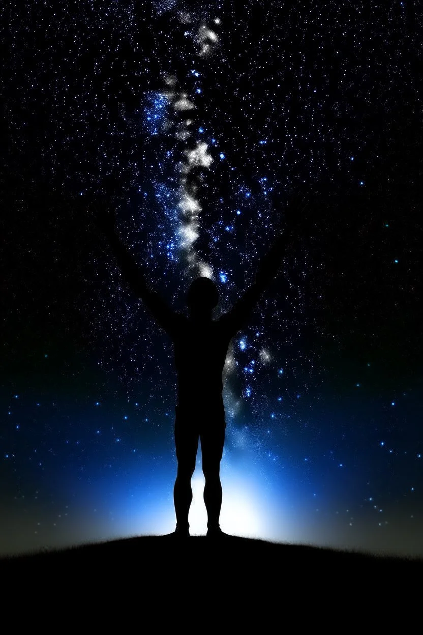 The outline of a figure stretching his arms towards the sky. In the sky, the stars are all in nature.