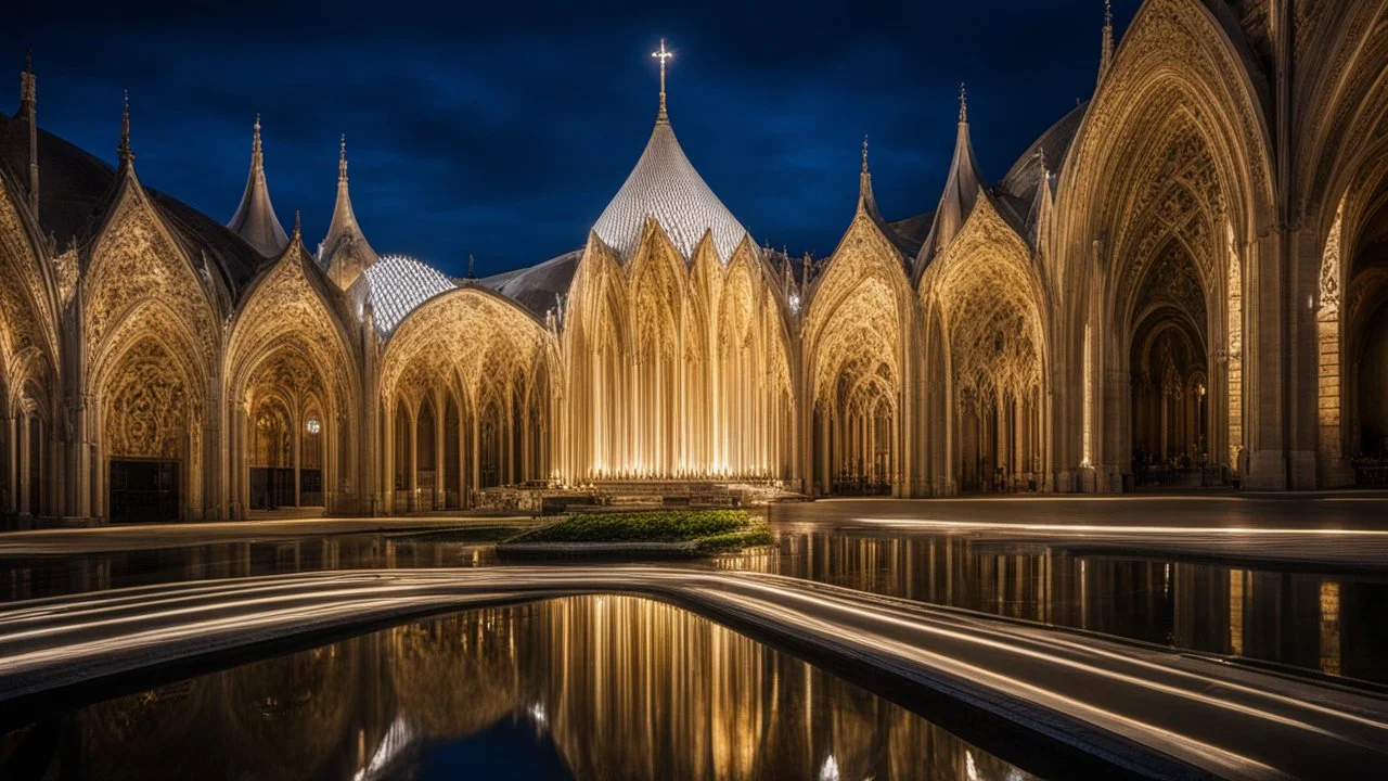 2100, delightful, sensitive, confident, undulating sinusoidal cathedral with pointed hyperbolic roofs, delicate, night, darkness, water features, exquisite architecture, innovative design, award-winning photograph, beautiful composition, filled with beautiful detail, delicate colour, chiaroscuro