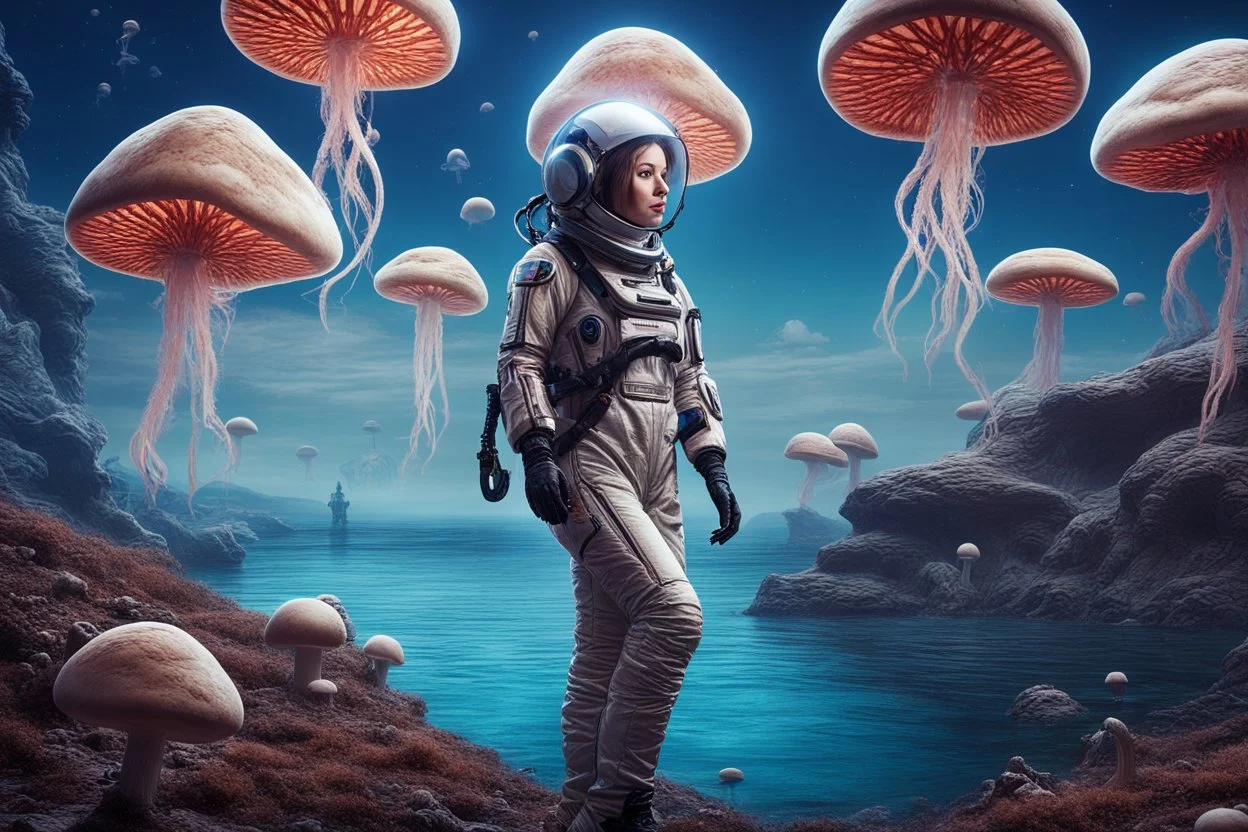 woman in a spacesuit, on the shores of an alien world, with mushrooms, with jellyfish tentacles floating in the air, photorealistic, Detailed Matte Painting, Deep Colour, Fantastical, Intricate Detail, sunshine, blue sky