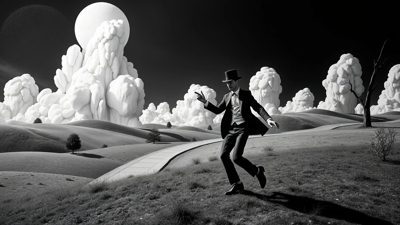 Black and white, primary colors, 3d abstract landscape, photograph of a mad gentleman dancing, immersive-inspired art deco, inside and out landscape, Rene Magritte inspiration.