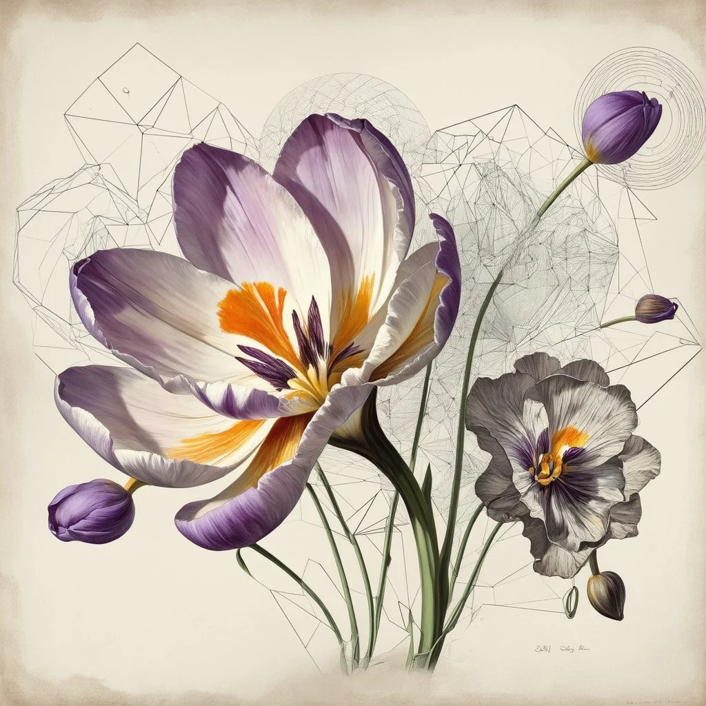 vintage botanical drawing of a large tulip flower, with a whimsical and surreal art style, dramatic lighting effects, and a touch of modern realism combined with abstract geometric art, resembling a soft watercolor painting with muted tones