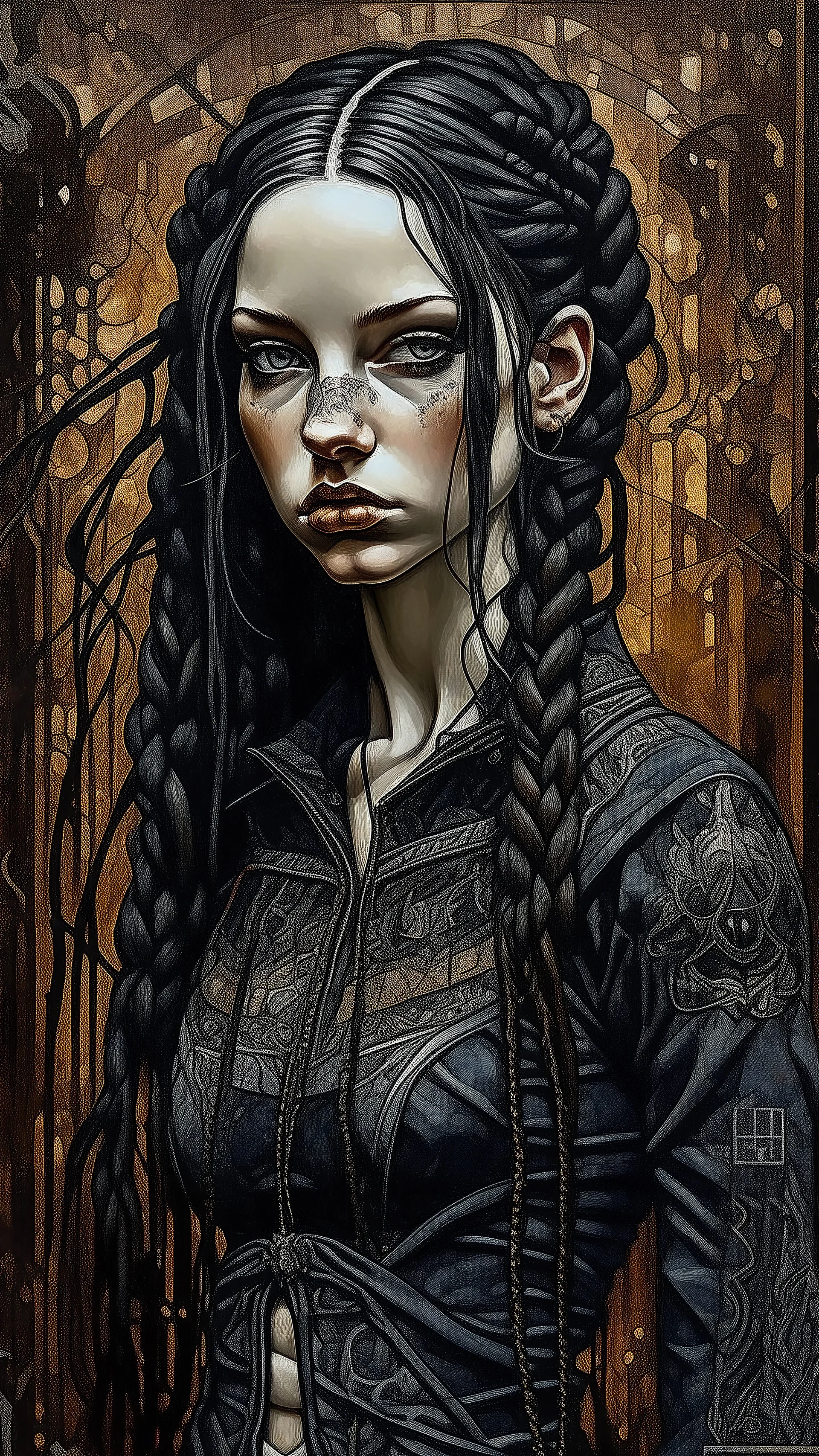 highly detailed, full body oil painting, petite goth girl with long dark braided hair, sharply defined angular facial features, anatomic perfection, by Andrea Kowch> <Yoji Shinkawa> <Jean-Giraud Moebius, vibrant natural color tones, precisely drawn and inked, 8k resolution