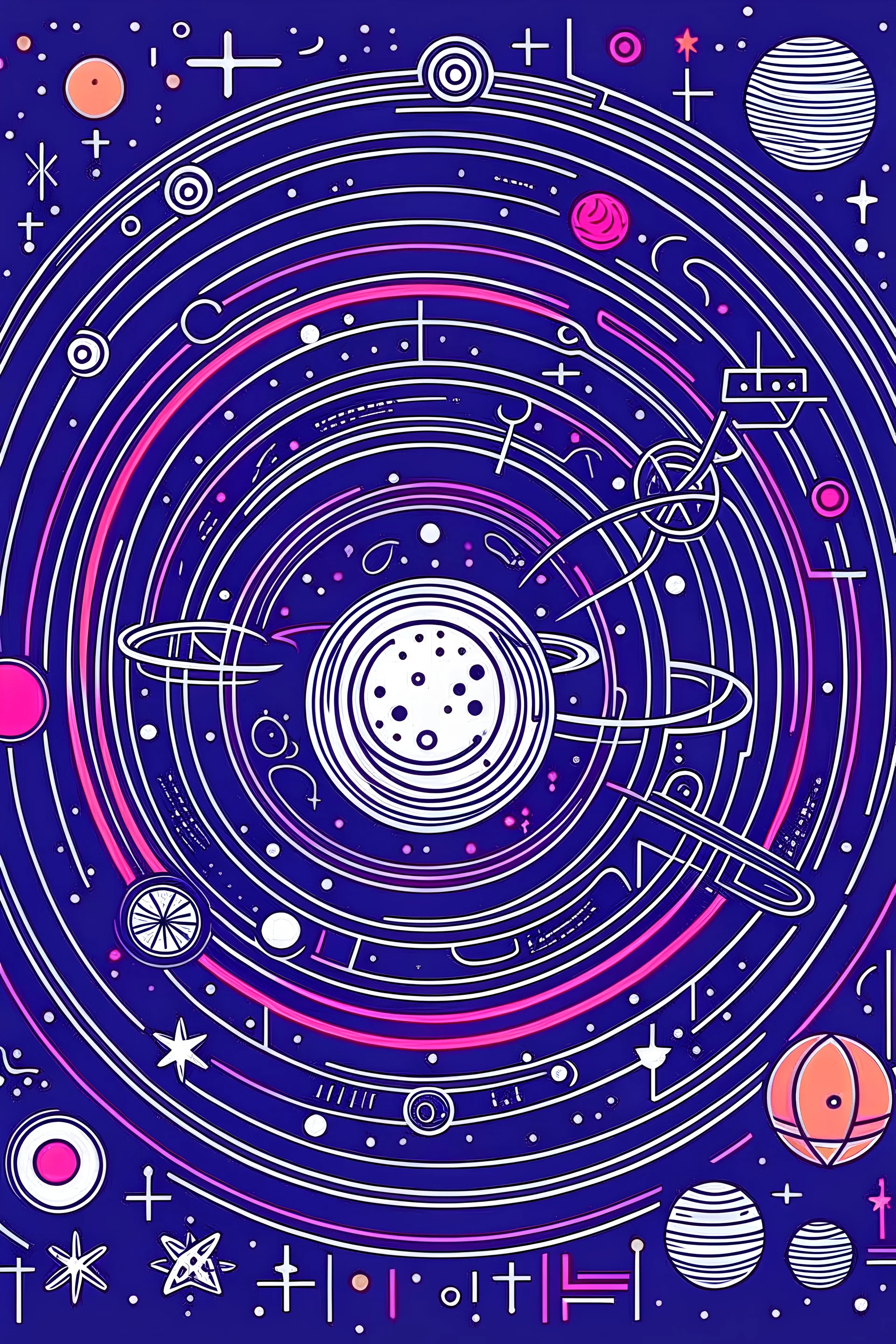 cute symmetrical outer space minimal including planets and stars coloured in for a book cover, sketch style, only use outline, clean line art, well outlined