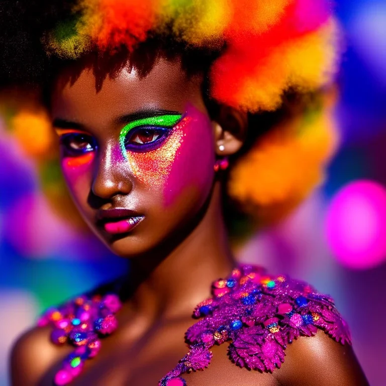 full body shot, masterpiece, best quality, child, dark skinned, sparkling eyes, fluorescent skin, colorful makeup, afro, highly detailed body, sun light, 4K, RAW, depth of field, high contrast, realistic details, 24mm