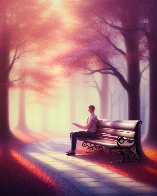 park mystical dream, park bench, man, woman, child, dog, trees, path, bird, sunshine, mystical, fantasy, romanticism, pastel colors, daylight, daytime, acrylic painting, detailed, soft focus,