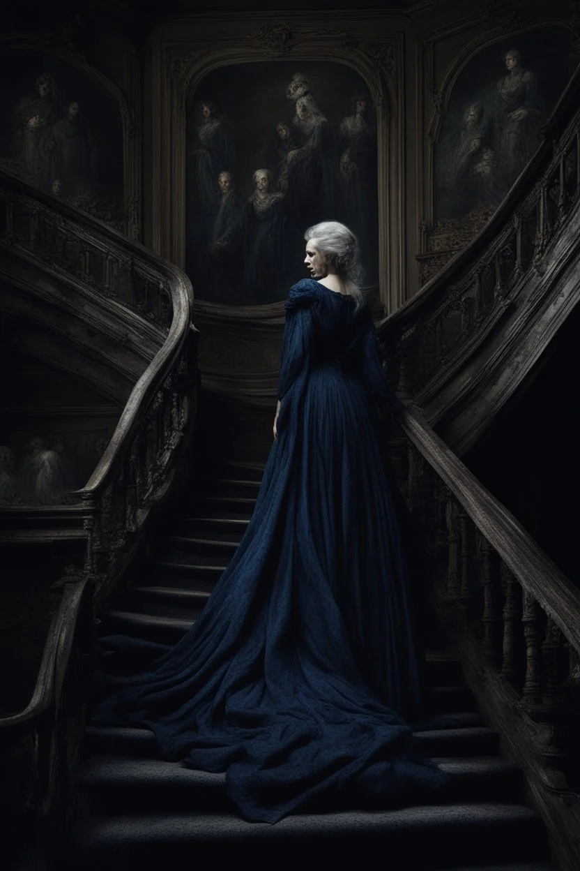 The Countess is a ghost, she has a long, flowing dark blue dress. she goes down the stairs, Hanging in the castle room, there is a tapestry composed of the preserved faces of the Countess' ancient victims.