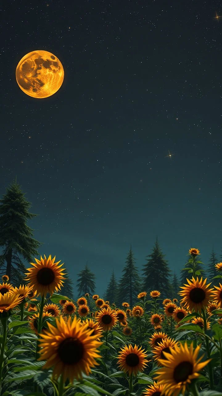 Orange moon landscape on green planet, space meteorites, stars in the night sky, fantasy plants on theof marijuana trees split toning effect, subsurface gaussian scattering, dark fantasy, dark botany, photorealistic image, ultra-details, sunflowers trees