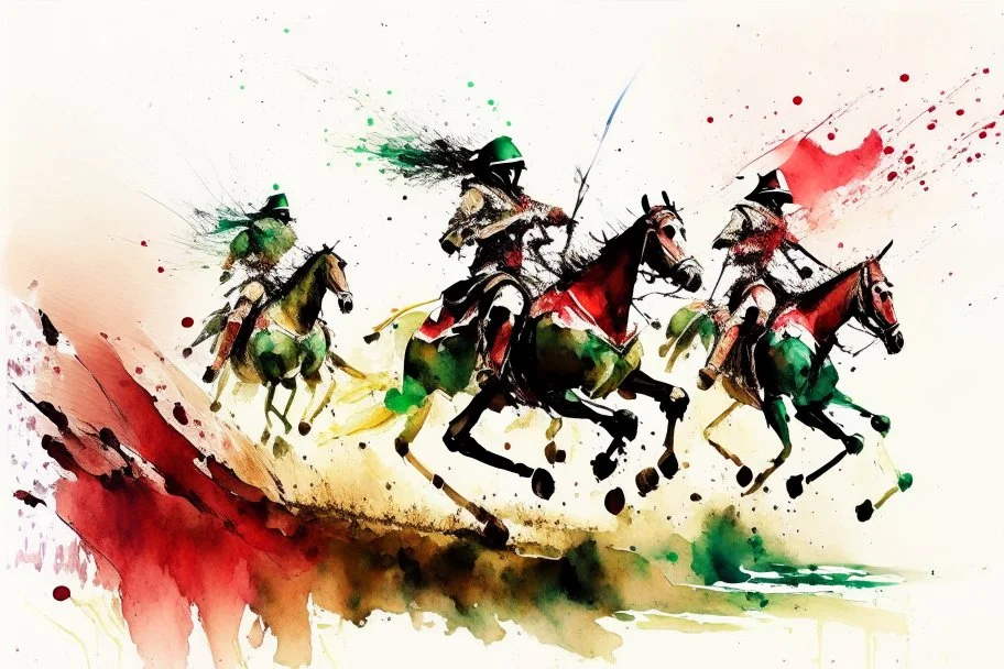 Hun Arrow Crossers riding fast on horseback, scorched earth, thunderstorm, red, white, green, dinamic, watercolor splash