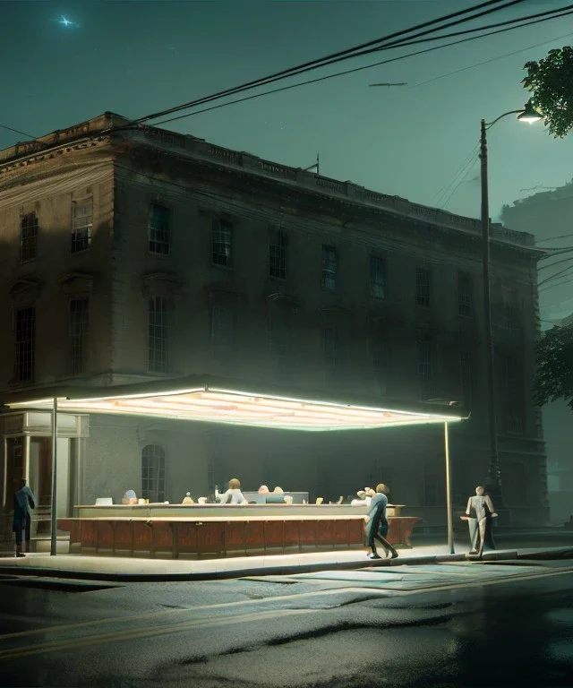 Scene, realistic image, panic people running and screaming, retro futuristic, Edward Hopper style, smooth, unreal engine 5, god lights, ray tracing, RTX, lumen lighting, ultra detail, volumetric lighting, 3d.