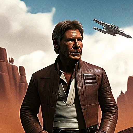 8K space background with stunning photo realistic detailed head to waist portrait of harrison ford as han solo in star wars with photo realistic short hair by Luigi Lucioni, Pat Kelley, Sharp focus, brown eyes, weathered skin,space jacket from star wars, cinematic lightning