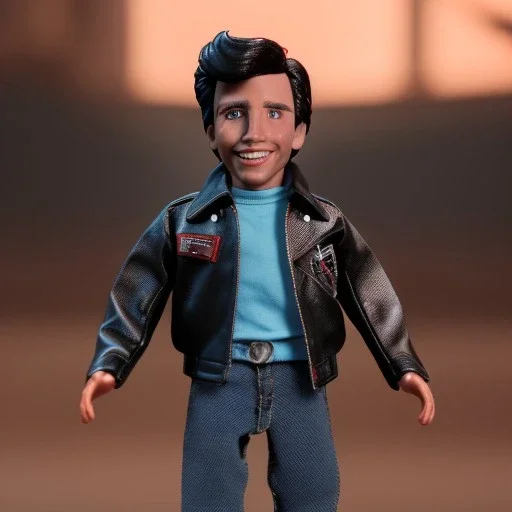 wide view young Fonzie henry with black hair greaser Action figure doll 1975 (thumbs-up) (face) Forehead grin, fonzarelli, ((Arnold's drive-in)) eyes fonziE fonz