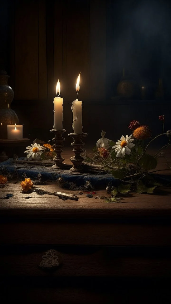 Bosch nightmares paining style Title:a a candle on an old wooden cracked table , dark color flowers 8k artistic photography, photorealistic concept art, soft natural volumetric cinematic perfect light, chiaroscuro, award-winning photograph, masterpiece, oil on canvas, Raphael, Caravaggio, Greg Rutkowski, people, beksinski, Giger