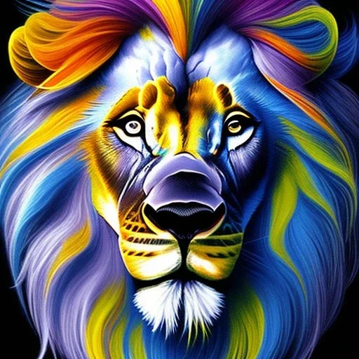 Lion portrait, bright colors, finger paint, splash, centered, detail, 8k resolution,